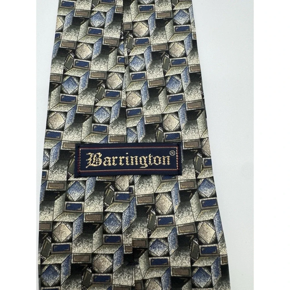 Barrington 100% Silk Tie Geometric Cube Pattern Blue Gray Brown Classic Mens Tie